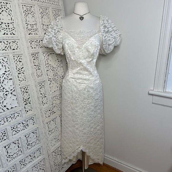 Vtg 80's Pearl Sequin Fairycore Puff Sleeve Ivory Lace Asymmetric Wedding Gown - Picture 1 of 13